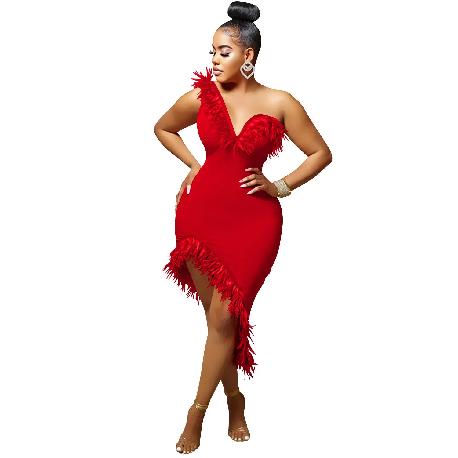 BH630   women fashion V neck sleeveless party dress with feathers