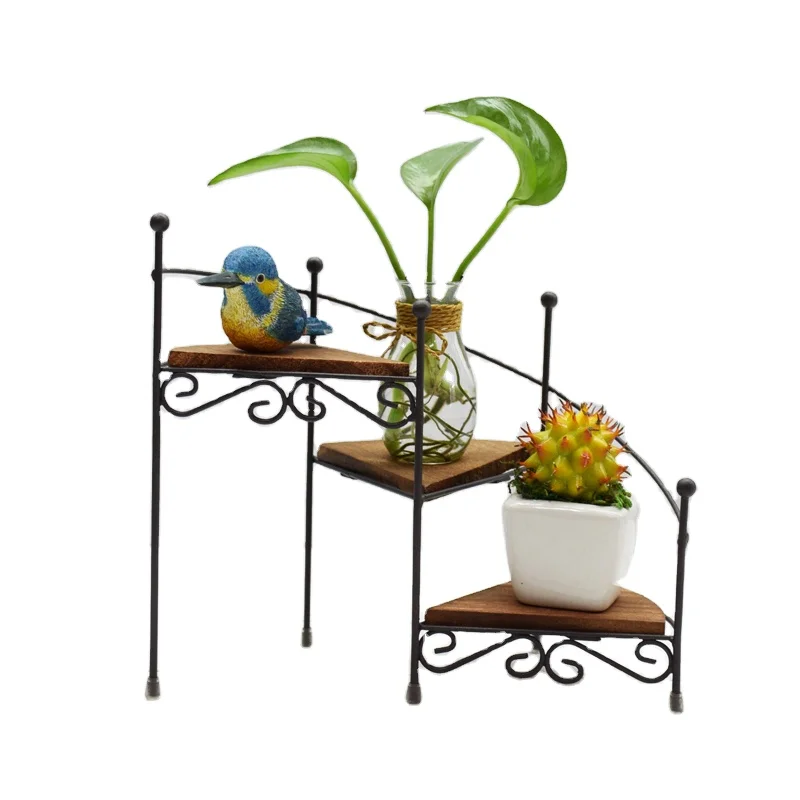 Japanese Style Home Decor Metal Wire and Wooden 3 layer Flower rack   for Household and Garden