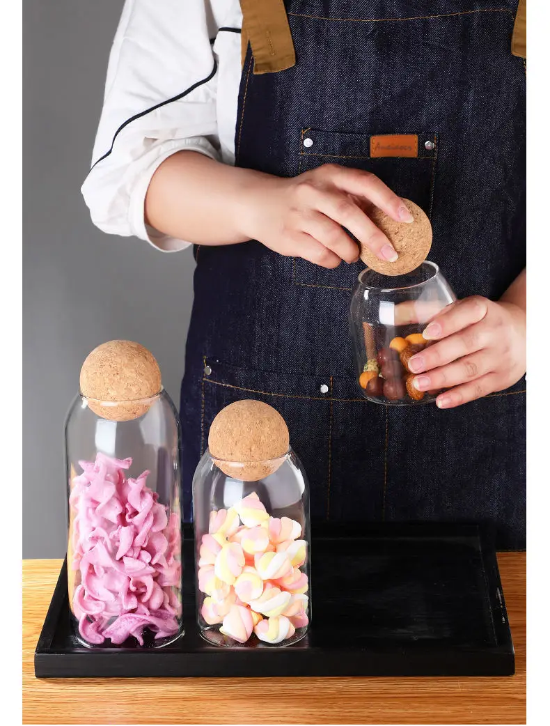 Kitchen High Quality Glass Storage Food Candy Storage Jars Wood Lid Cork Ball Stopper Handmade Borosilicate Glass Canister Jar