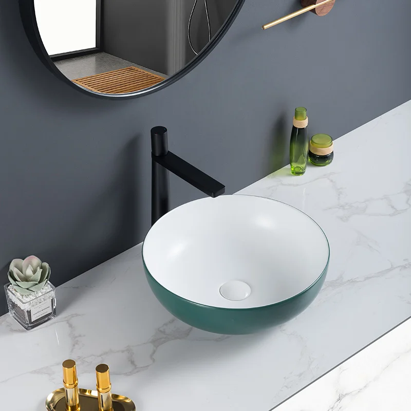 OVS Counter Top Modern Round Bathroom Ceramic Basin Vanity Vessel Sink Porcelain Gloss Glaze Art Basin Vessel Sink
