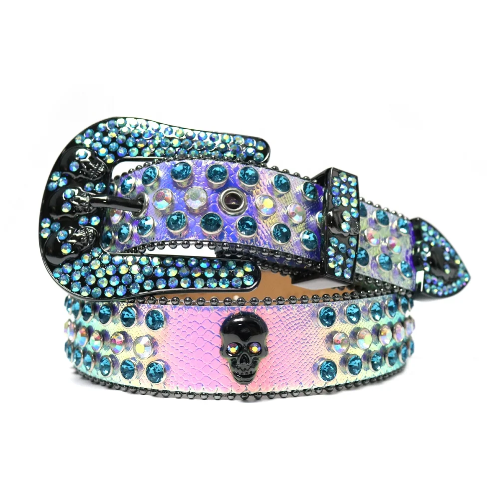 Purple Snakeskin Customized Skull Belts For Kid Crystal Studded Leather Rhinestone Belt Adult Size