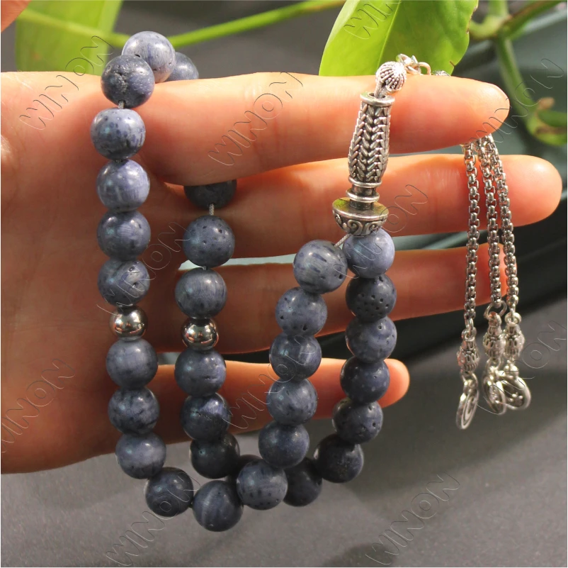 Натуральный синий коралловый мусульманский четки Tasbih Tasbeeh Islamic 33 молитвенные пижамы мисбаха розариус Eid Ramadan подарок