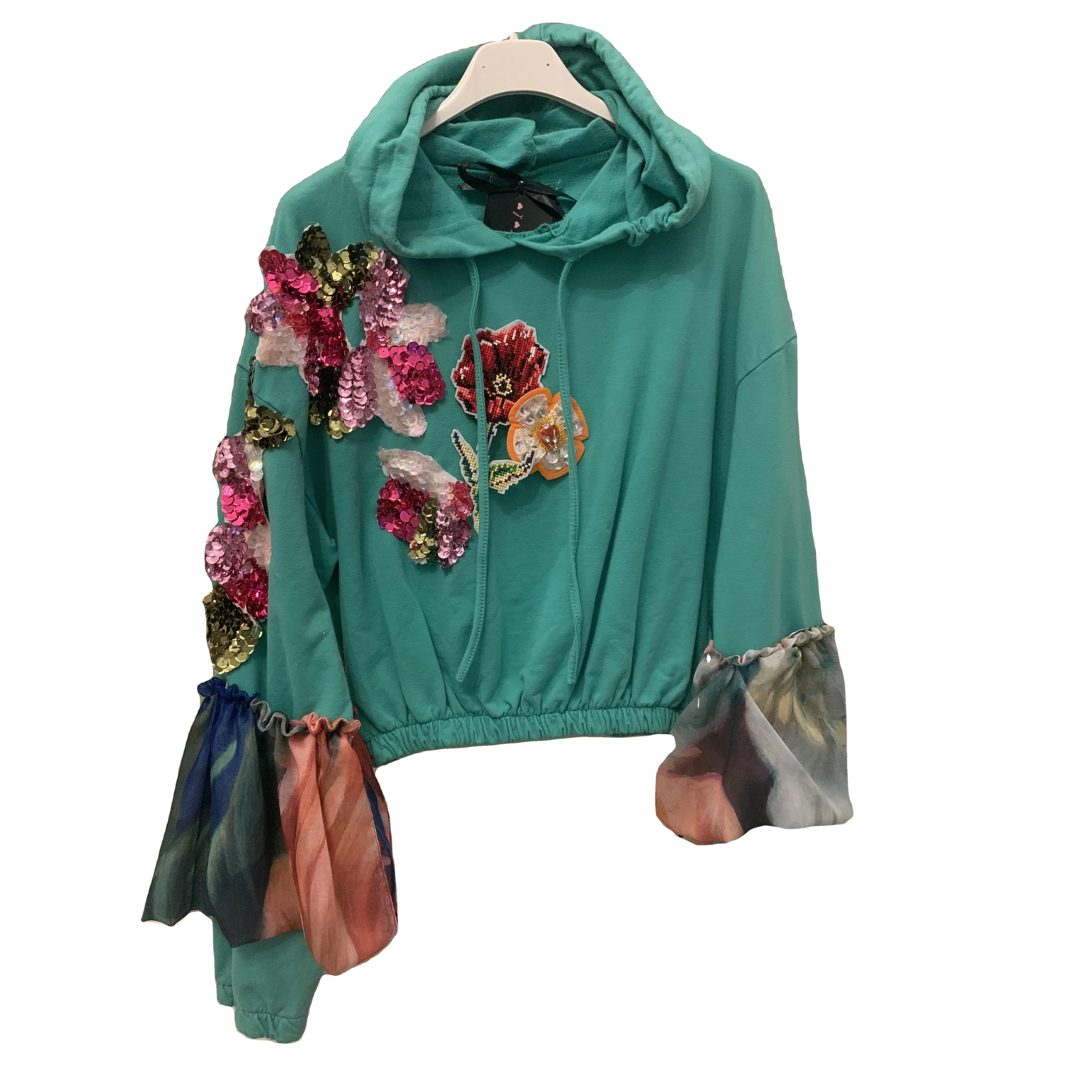 Made in Italy Good Quality Hand Embroidered Long Sleeves  with patchwork Young Women Hooded Sweatshirt luxury