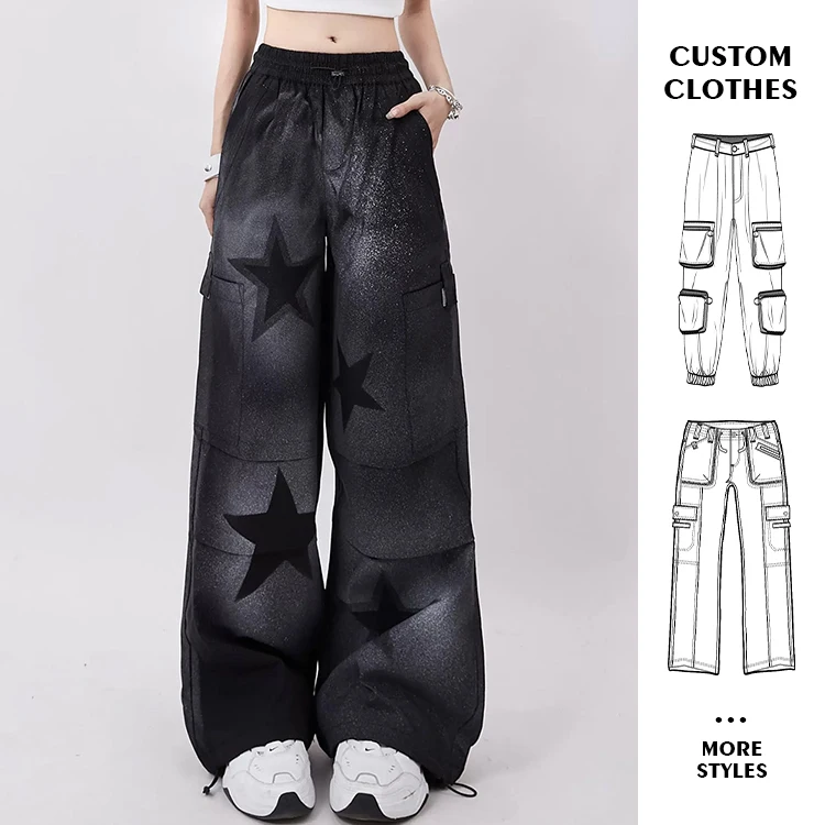 Custom OEM Manufacturer Vintage Pockets High Waist Streetwear baggy Casual ladies Long parachute Cargo Pant for women Trousers