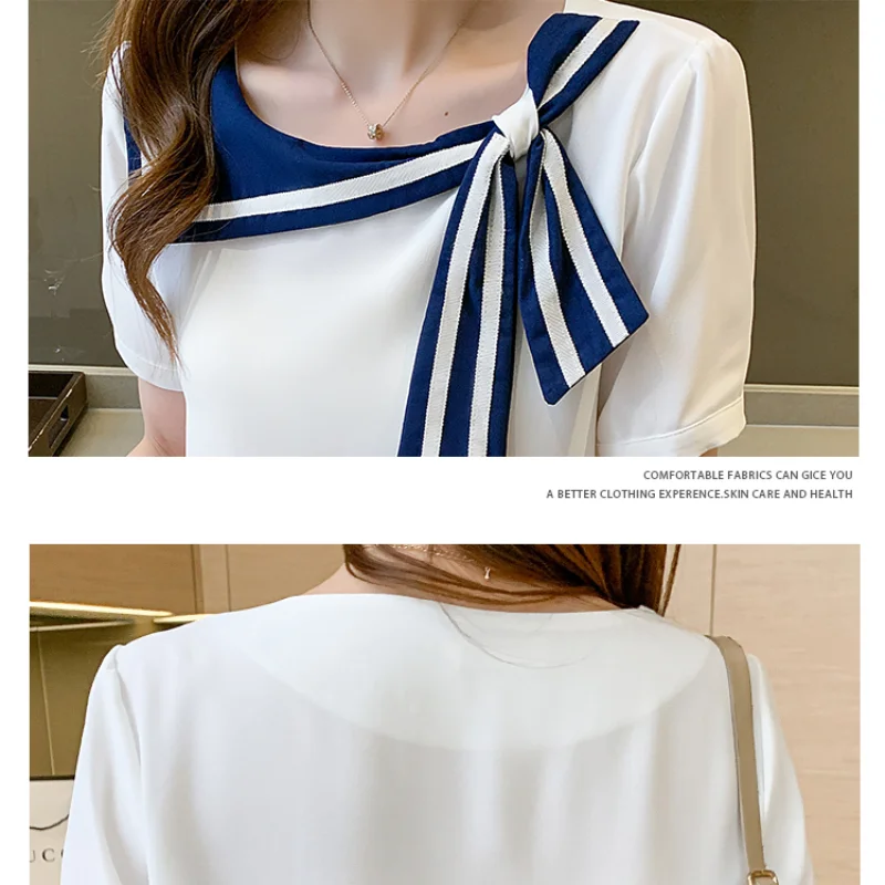Dark Blue White Sailor Collar Fashion Korean Summer Chiffon Casual Blouse for Women Campus Office Lady Tops