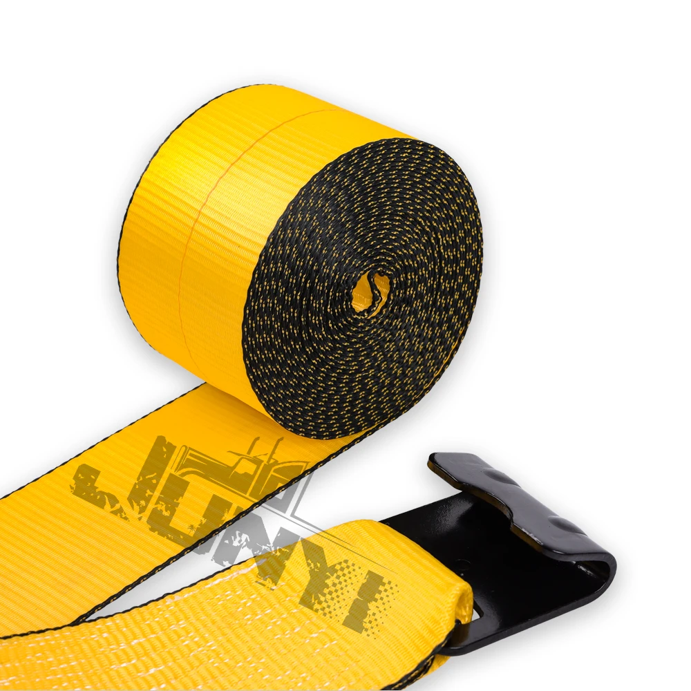 Hot sale 5400lbs  flat hook tie downs cargo lashing control yellow standard 4 inch winch strap for flatbeds