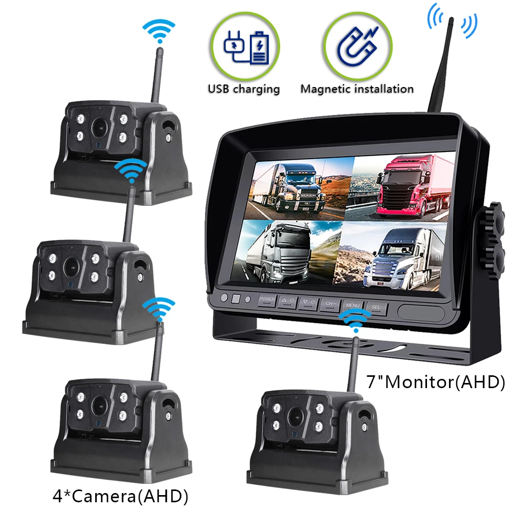 4ch Wireless Truck Rearview Camera System 7 Inch IPS Ahd Quad Monitor 2.4g Digital Wireless Backup Camera Truck Camera