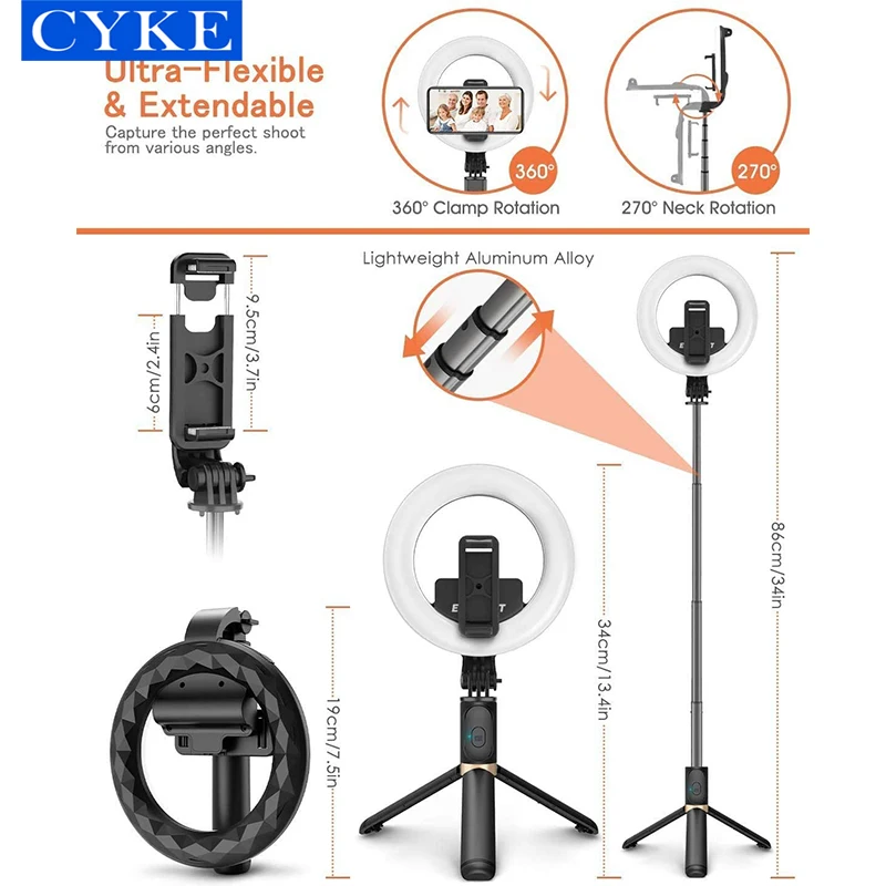 CYKE Hot Sale Q07 6 Inch Selfie Ring Lights with Tripod Stand Video Selfie Stick Led Ring Lamp Battery Operated Luz Ring Light