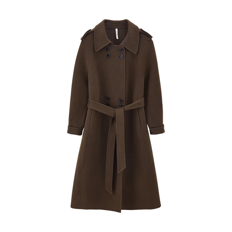 2024 Lady Long Double Faced Solid Woolen Overcoat Belt Winter Double Breasted Cashmere Wool Trench Coat for Women