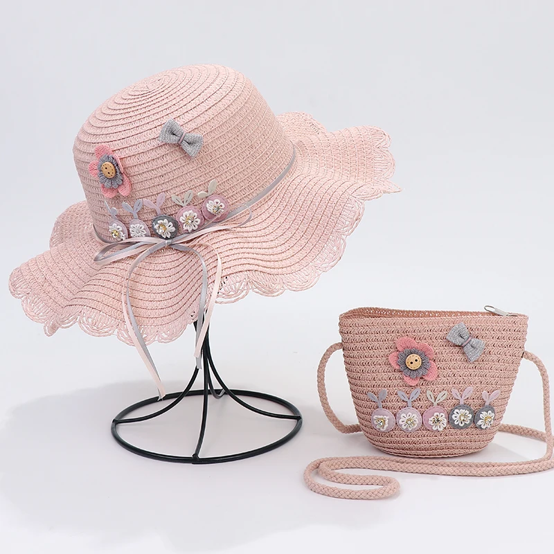 Wholesale Fashion Straw Hat Five Flowers Wave Eaves Summer Outdoor Travel Children Bucket Hat Backpack Two Piece Set