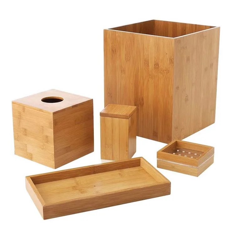 Bamboo Bath Accessories-5-Piece Set with Amenity Box Amenity Tray Soap Dish Tissue Cover and Wastebasket