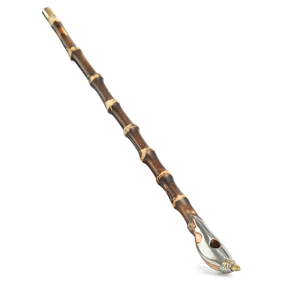 Natural Bamboo Hand Carved Tobacco Pipe Metal Bowl Long Stem Smoking Pipes