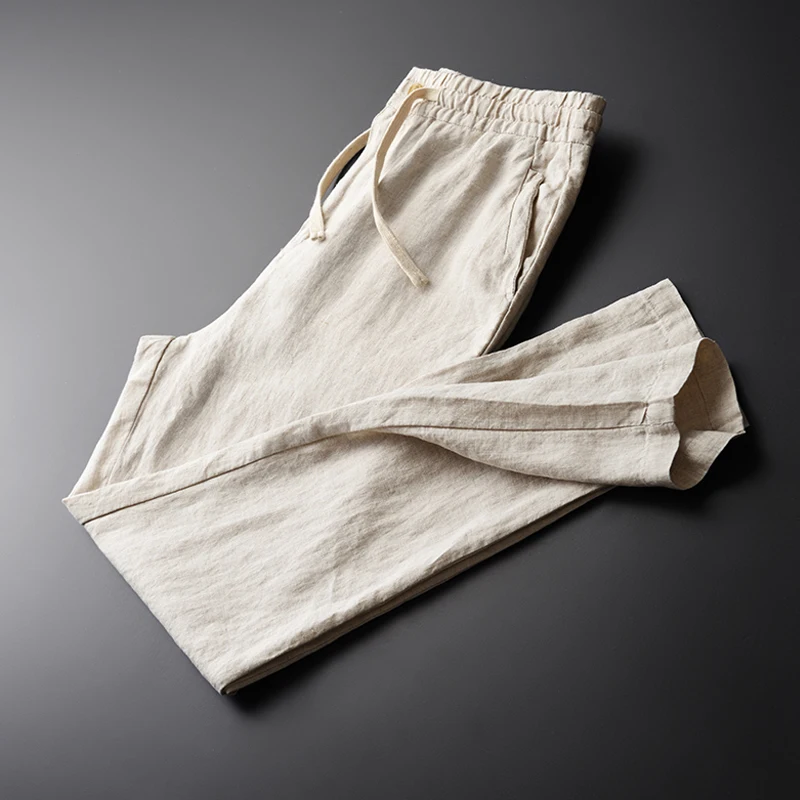 Customized Mens Casual Linen Pants Slim Solid Color Lightweight Elasticated Waist Linen Trousers