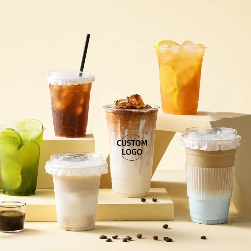14oz 16oz 20oz 24oz Logo Custom Printed Clear PLA PET PP Drink Bubble Tea Disposable Plastic Cups Coffee Cup With Lids