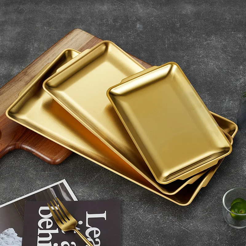 Korean Style Barbecue Plate Gold Luxury Stainless Steel Thickened Baking Food Rectangular Serving Tray For Wedding Hotel