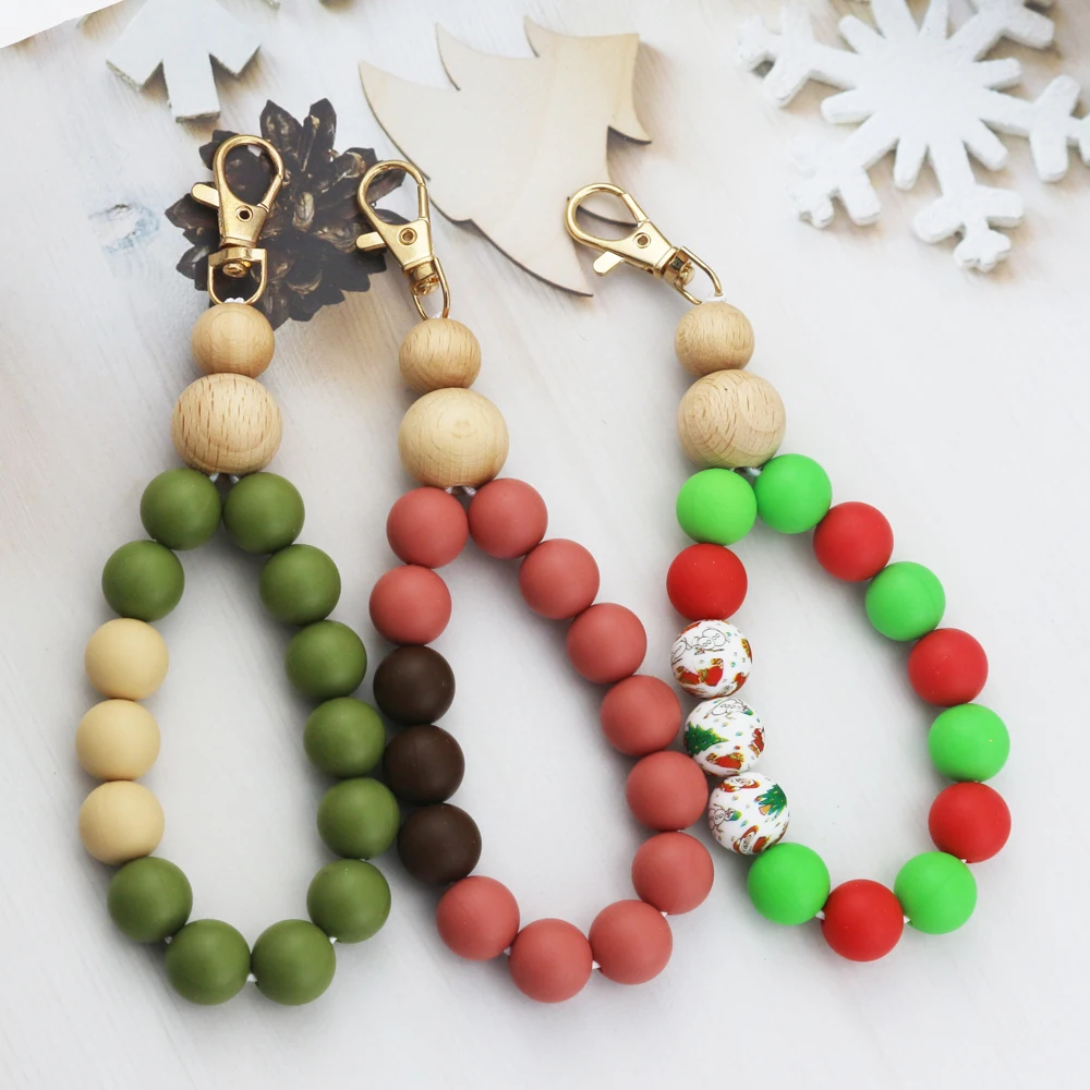 2021 New Christmas Personalized Gift Car Key Ring Wooden And Silicone Bracelet Bangle Key Chain Leopard Print Bead Keychain