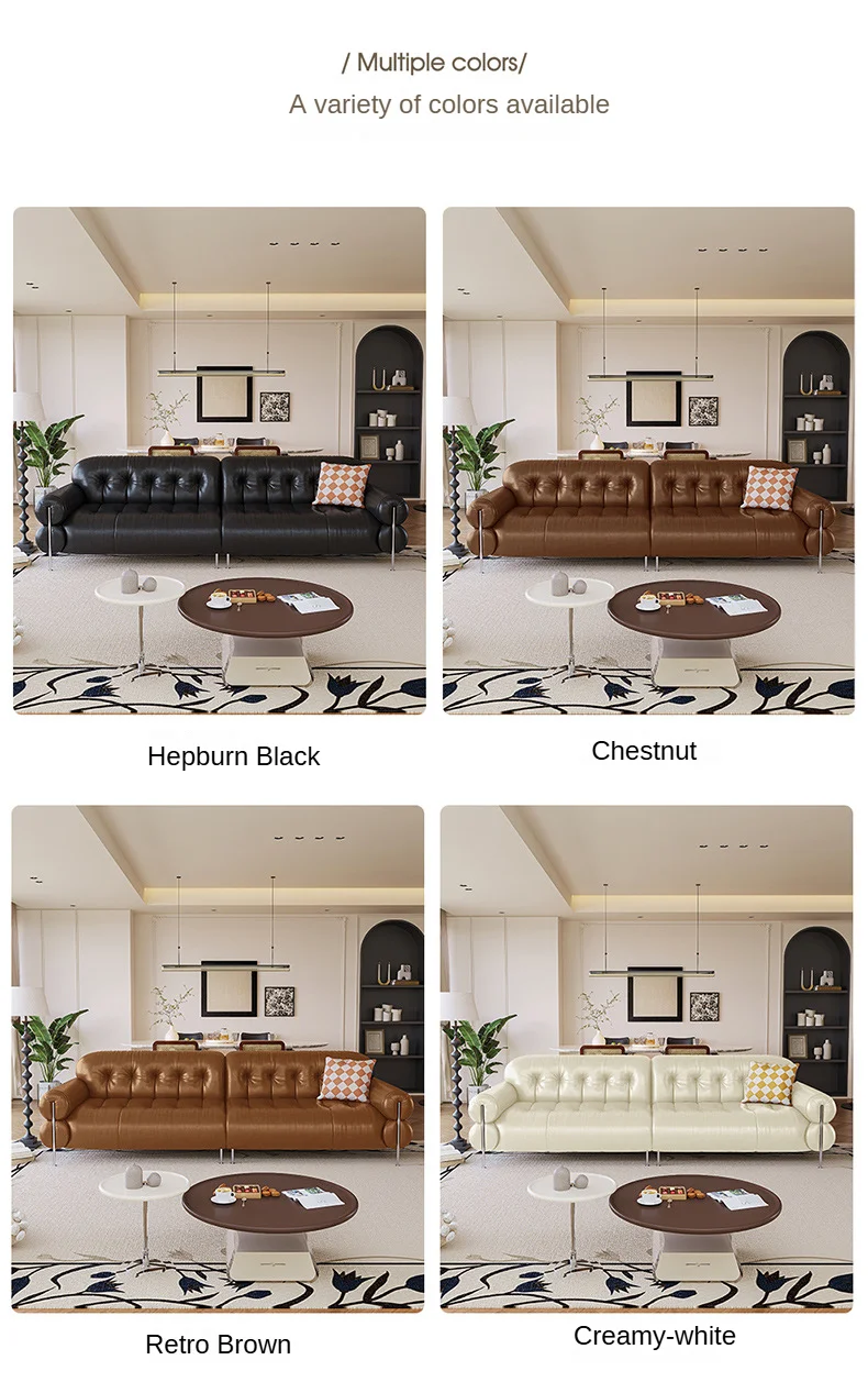 Minimalist Pure Black Leather Sofa Set Light Luxury Sofa Retro Straight Row Mid-ancient Style For Living Room Sectional sofa