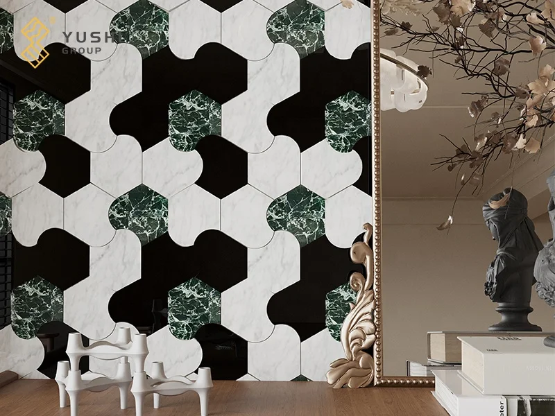 YUSHI Mosaic Marble Crystal White Inlay Calacatta White Coral Red Marble Mosaic Tile for Wall Decoration or Kitchen Backsplash