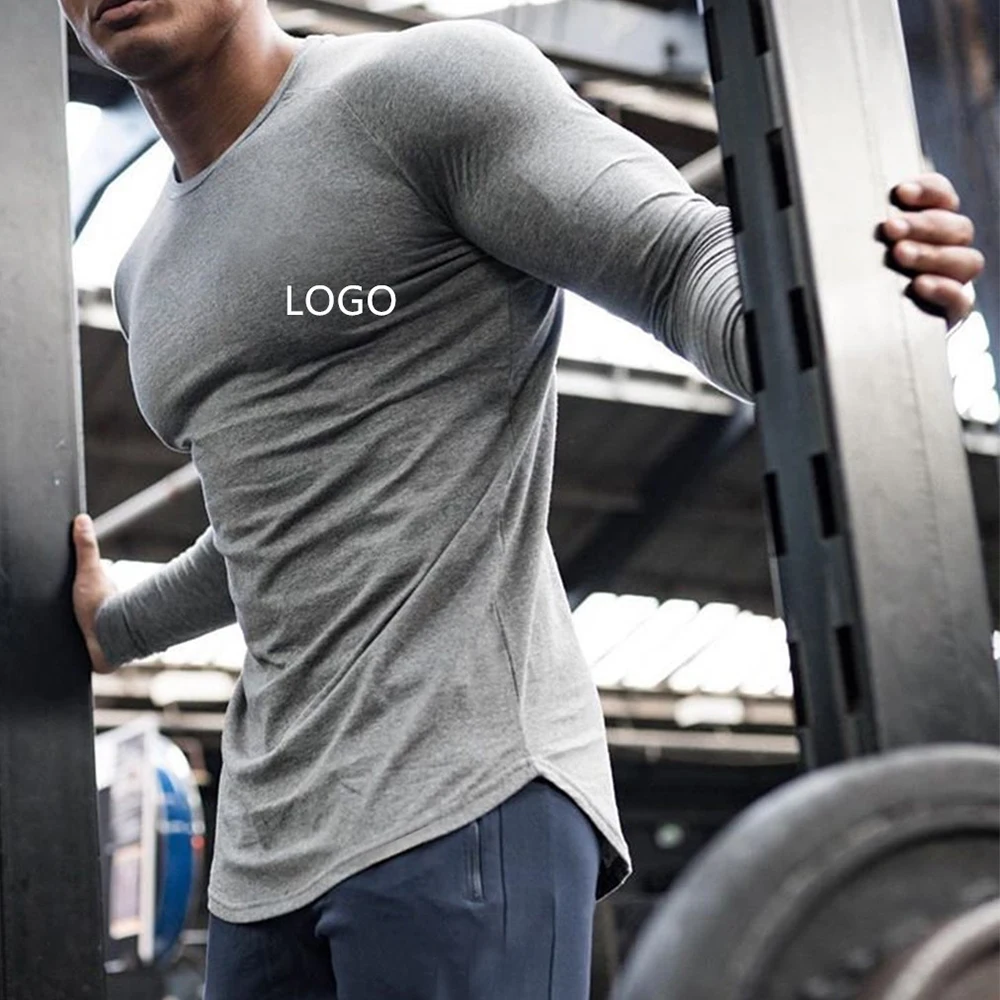 Тренировочная одежда для фитнеса белая хлопковая Мужская Спортивная футболка тренажерного зала с принтом и длинным рукавом