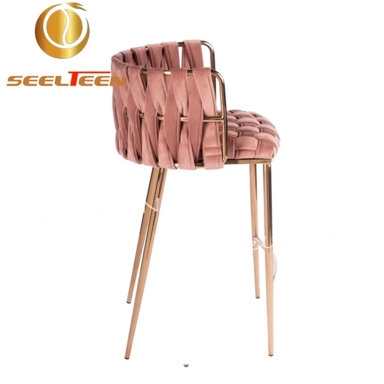 Beige Velvet Stainless Steel Luxury Bar Stool Chair