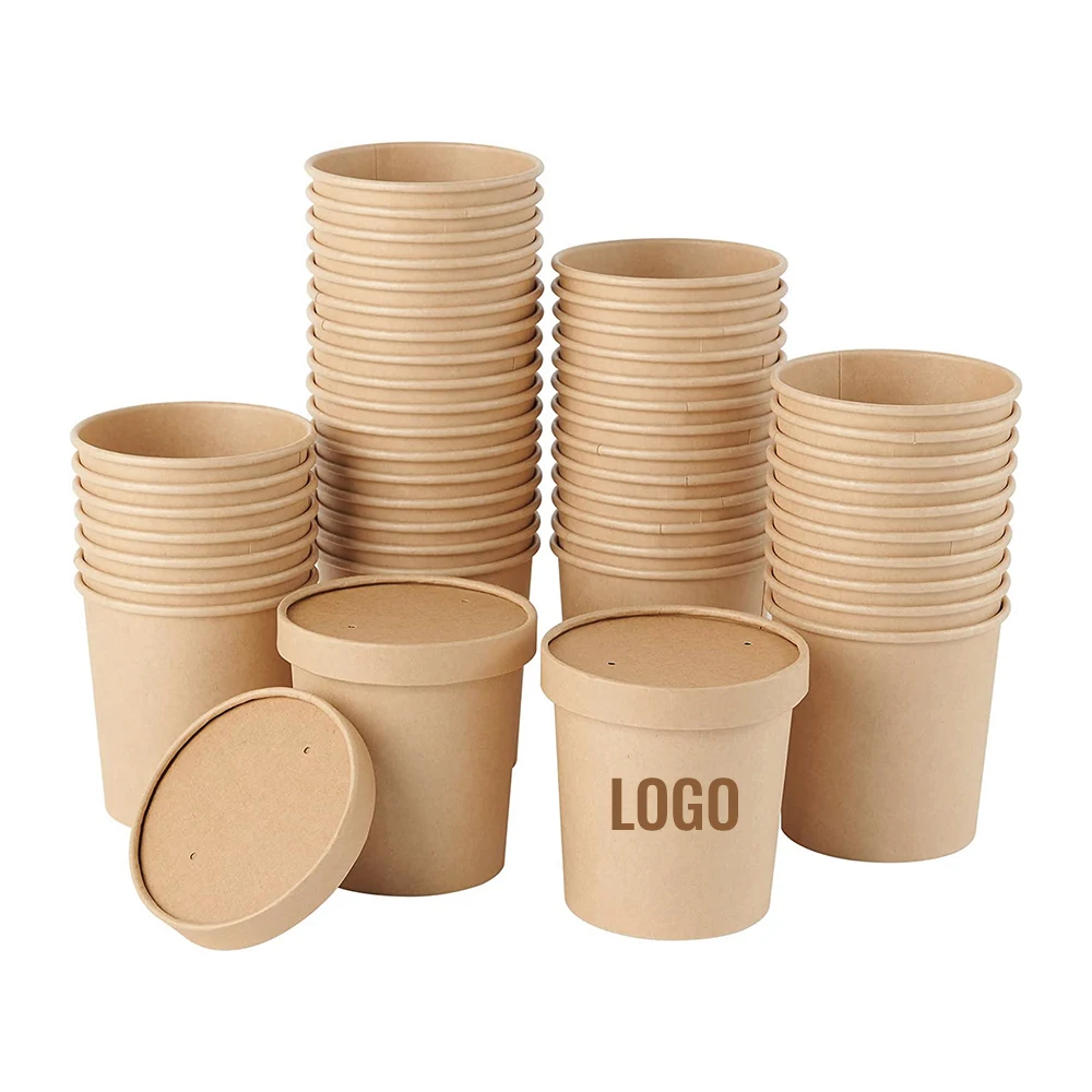 Disposable take away custom printed personal logo 26oz kraft paper ice cream cups soup containers tubs soup cups with paper lids