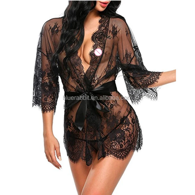 Women Sexy Nightwear Plus Size Robes S-3XL Lace Nightgown Sleepwear Temptation Dress G-String Sexy Lingeries See-through Robes
