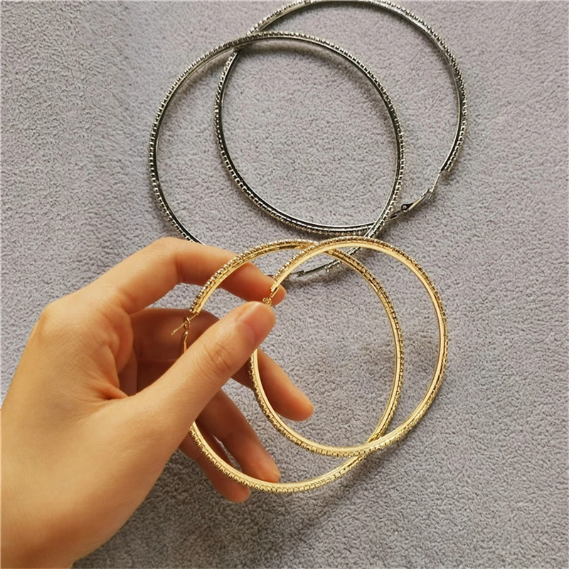 Crystal Hoop Earrings Thin Rhinestones Fashion Big Round Drop Earring Silver Plated Factory Wholesale Trendy for Women Alloy