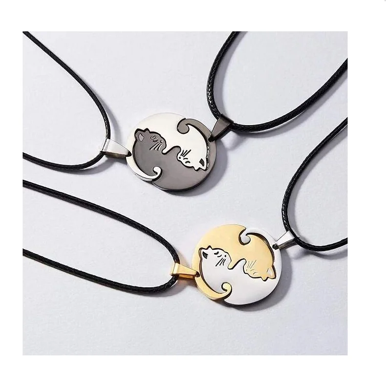 Couple  Cat Heart Necklace BFF Best Friends 2pcs Puzzle  Friendship Pendant Necklaces 316L Stainless Steel