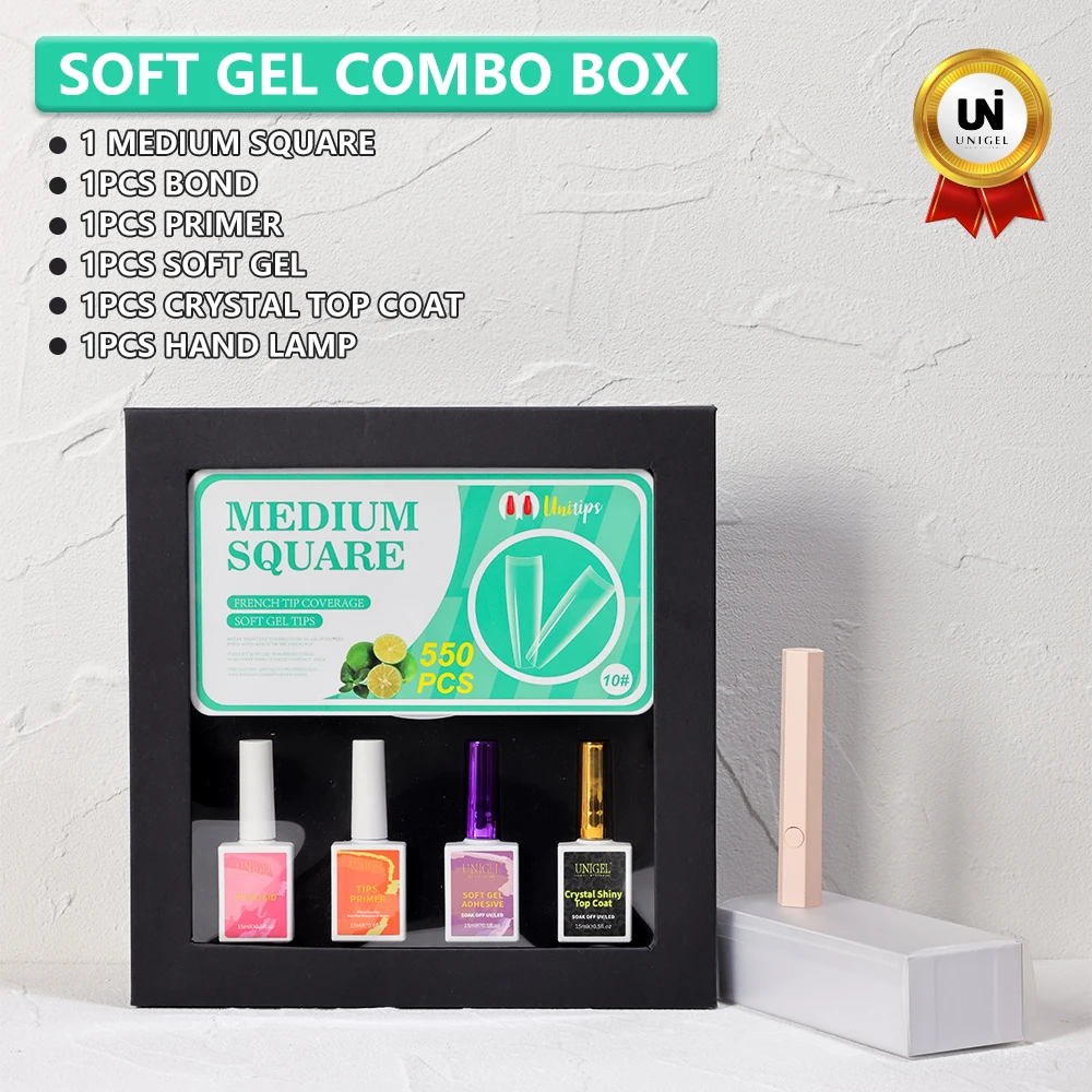 Unigel Wholesale Press On Nail Gel Glue Low MOQ Super Adhesive Tips Soft Gel Polish Set Combo Box