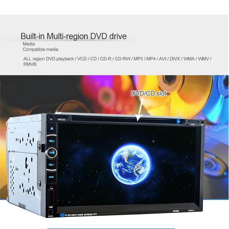 2 Din 6.95-inch Touoch Screen Universal GPS navigation Car DVD Player 6080