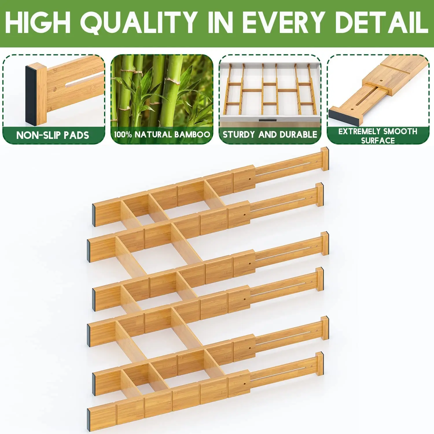 Expandable Adjustable Bamboo Drawer Dividers with 12 Inserts Kitchen Drawer Organizer