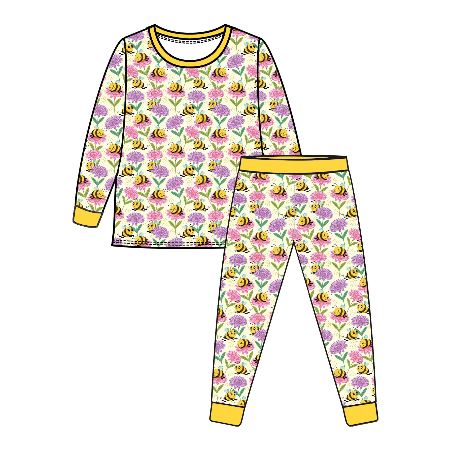 Bamboo Two Piece Pajama Set for Kids Newborn Girls Long Sleeve Printed Custom Logo Low MOQ