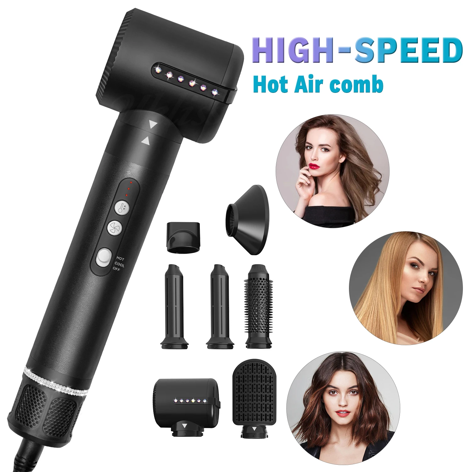 Electric 7 In 1 Styler Automatic Curler Iron High Speed Blower Dryers 2000W Hot Air Brush Comb Hair Straightening