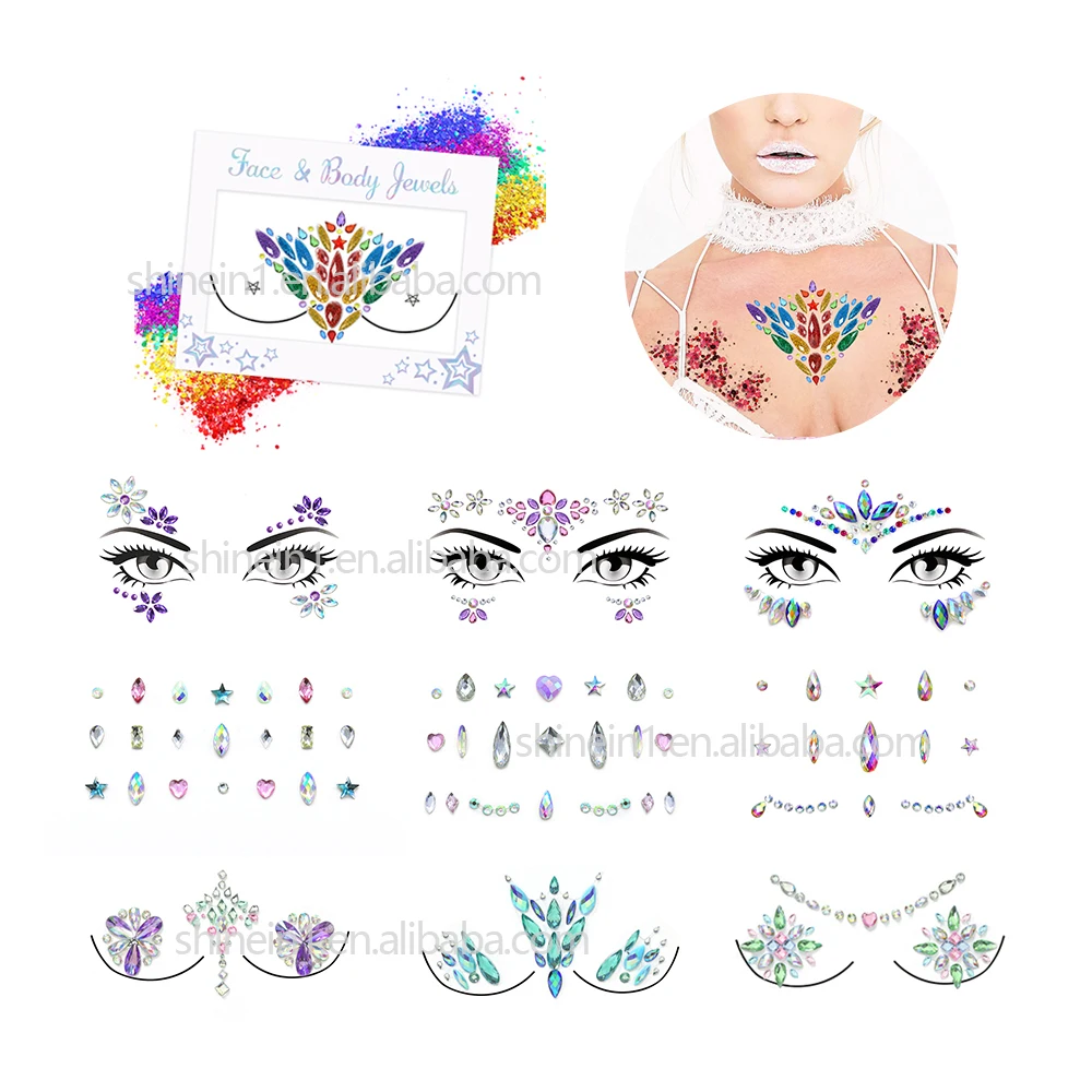 Tattoo Hair Gem Stickers Rhinestone Hair Jewels Stickers Wholesale Self Adhesive Face Eye Crystal for Party Makeup Acrylic