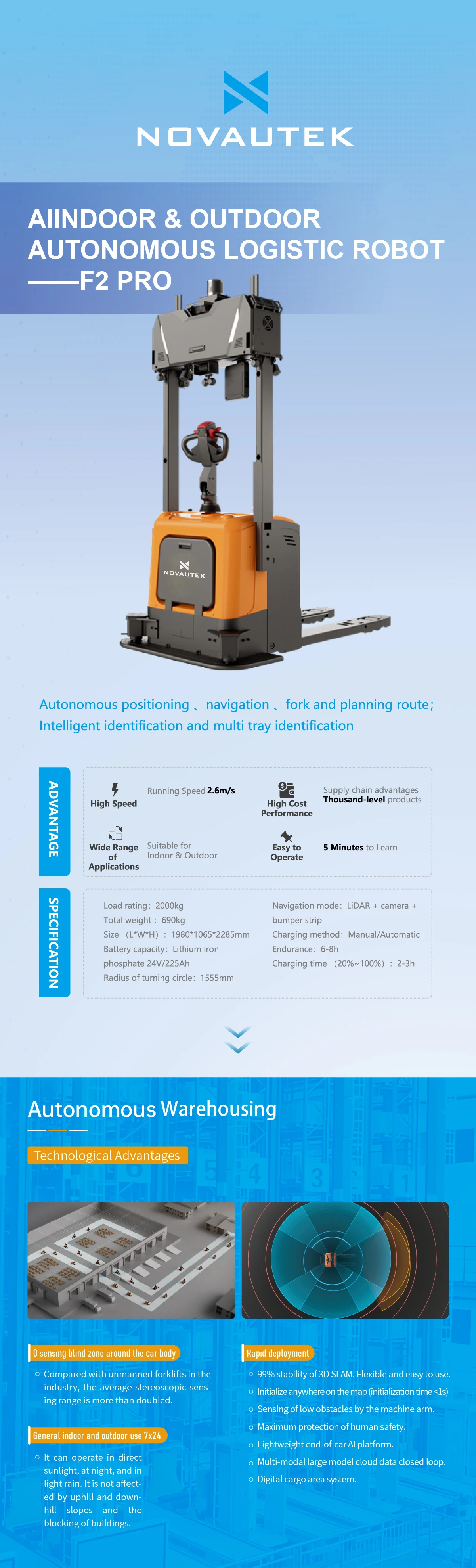 Easy to Operate Warehouse Robot Robotics in Warehousing Automatic Forklift Stacking