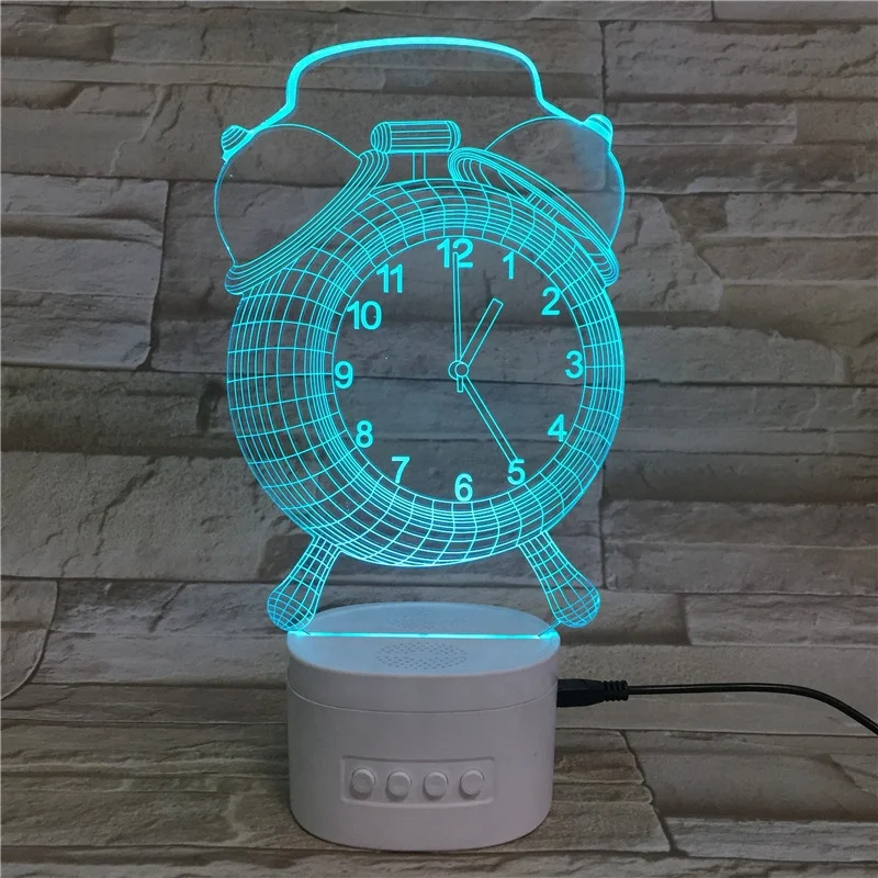 Alarm clock shape rechargeable battery wireless speaker acrylic material 3D illusion led night light 3D optical lamp