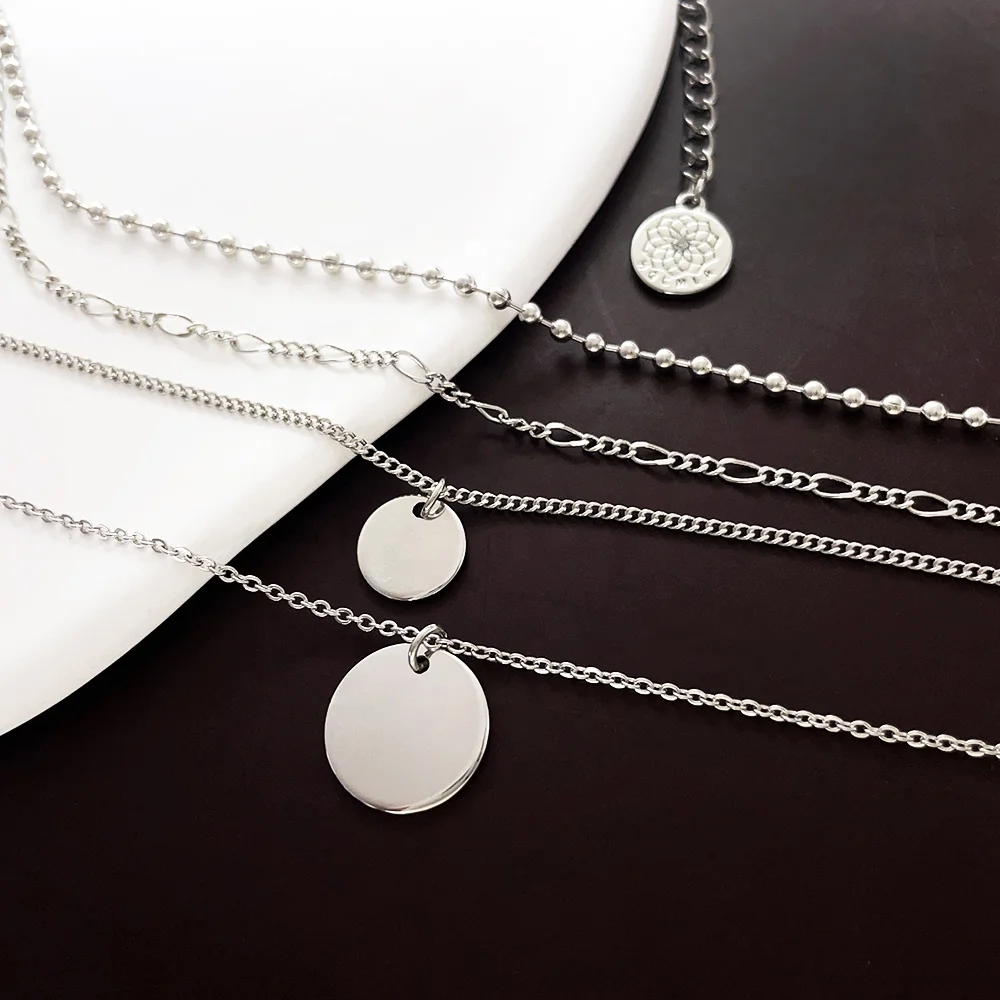 Fashion women accessories China factory custom logo name Blank coin Pendant multi layer triple chain necklace