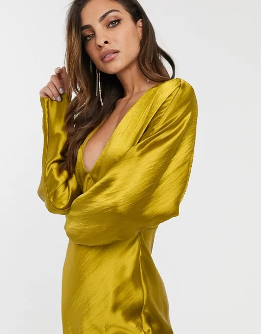 ZY 2020 latest design women custom batwing long sleeve v neck satin maxi dress