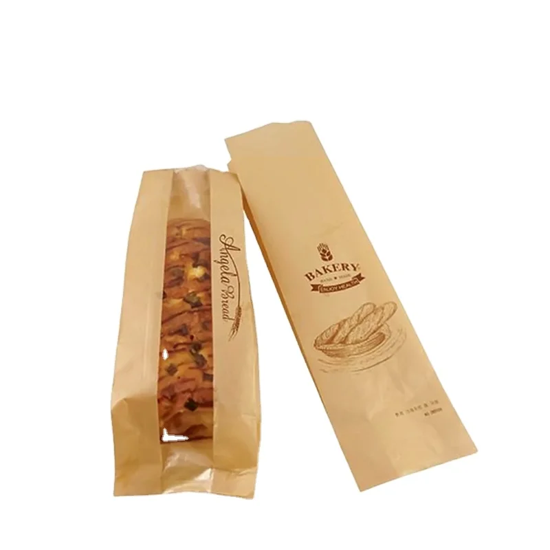 Sharp Bottom Window Baguette French Caterpillar Bread Bakery Paper Bag Food Package Kraft Paper Customized Flexo Printing Accept