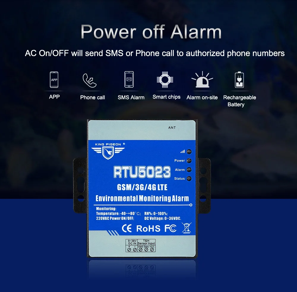 RTU5023 2G GSM Temperature Humidity Environment Alarm Power Lost SMS Alert Remote Monitoring DC Power Timer Report APP Control