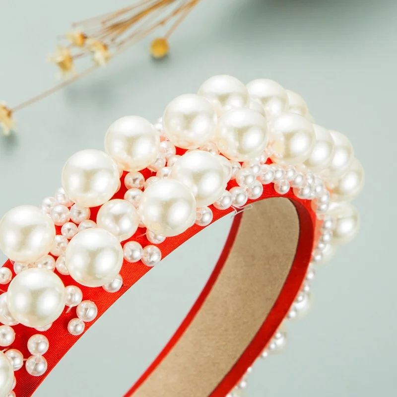 
2021 Spring Women Hair Accessories Fashion Big Pearl Headband Handmade Bride Fabric Padded Hairband for Girls 