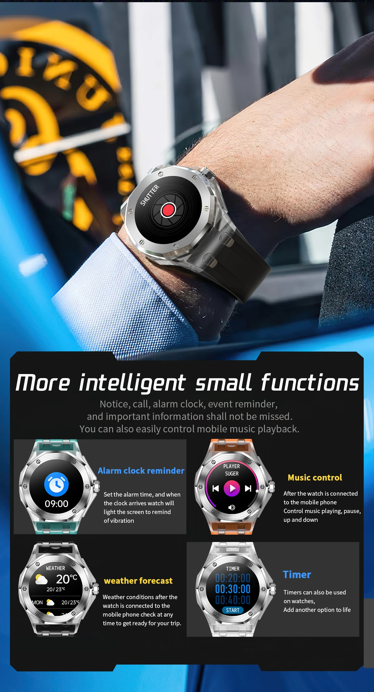 2023 New Fashion Blue Orange White Transparent Case Crystal Tough Material 3ATM Waterproof Smart Watch for Mens Watches