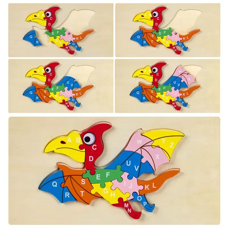 Best-Selling Unisex 3D Wooden Dinosaur Puzzles cartoon Educational Montessori Toy Kids Babies Kids Learning Developmental Gift