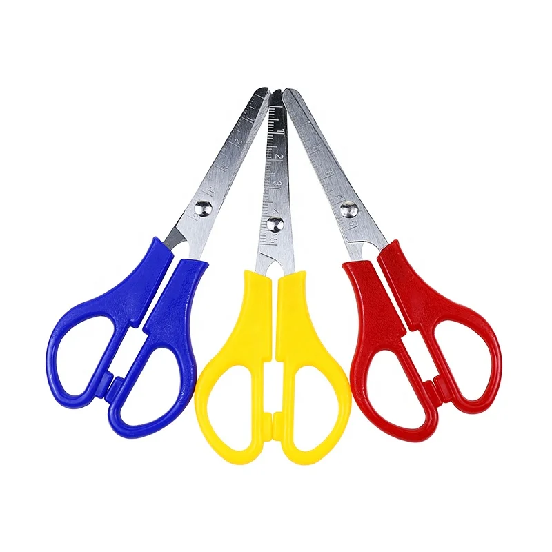 Promotional Supply Child Safety School Scissors with Scale on the Blade,Cheap Plastic Handle Scissors for Children
