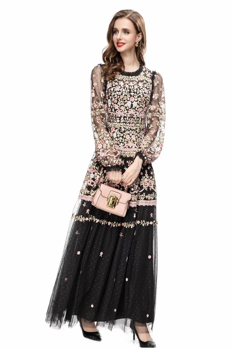 Top Quality New 2024 Spring Long Wedding Party Women Dresses Allover Luxurious Embroidery Long Sleeve Pink Black Maxi Gown Dress
