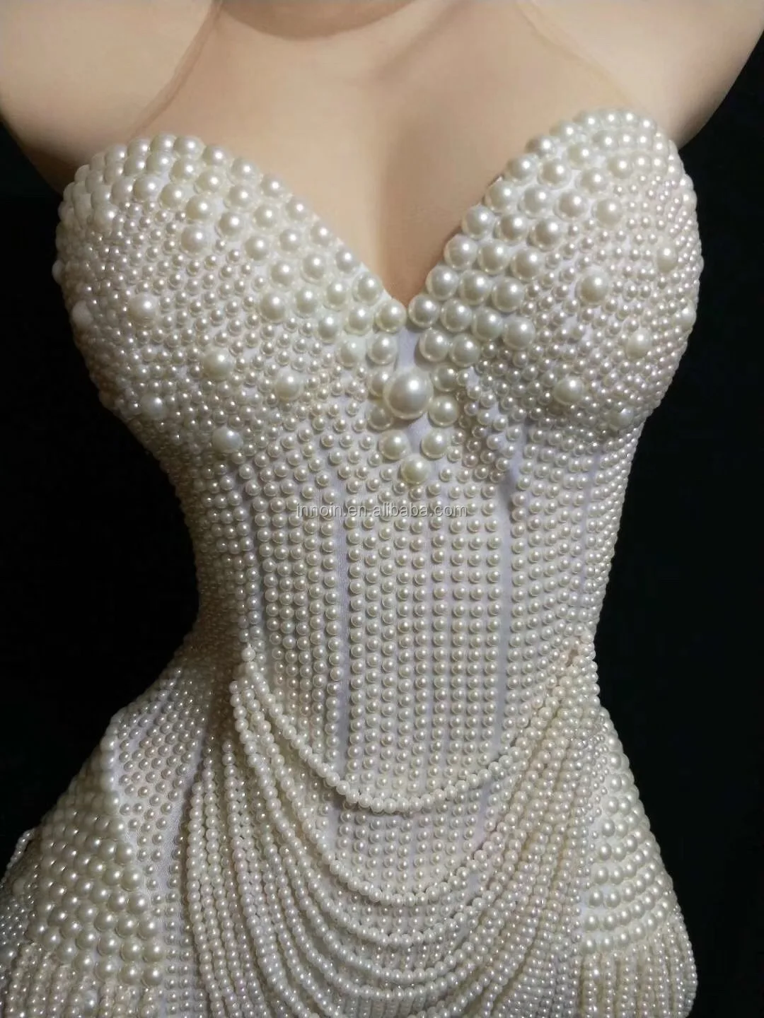 White Pearls Beading Bodysuit Jazz Dance Outfit Evening Stage Show Costume Prom Birthday Bar Women Singer Clothes