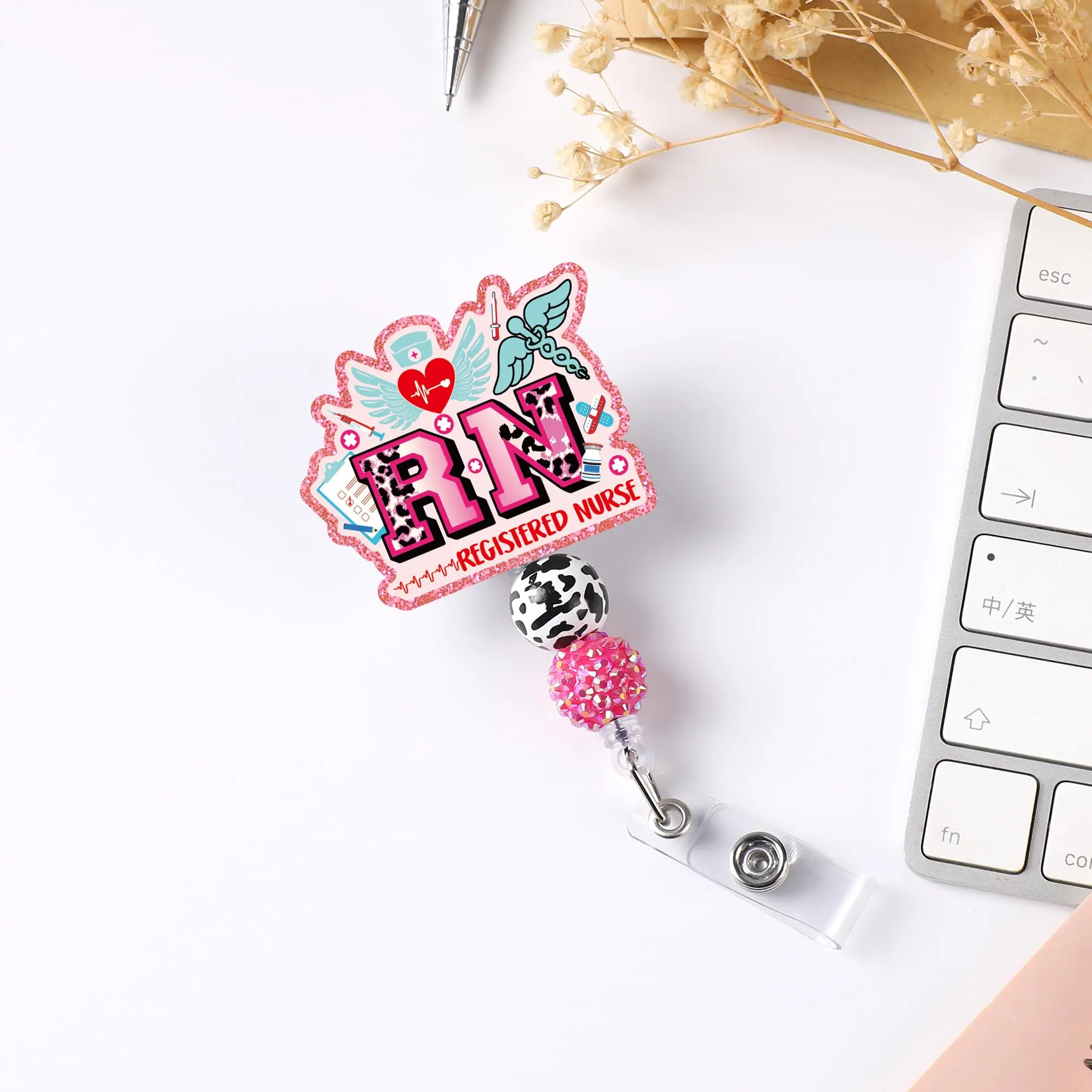 Cute Beads RN LPN CNA Acrylic Nurse Accessories ID Name Card Holder Retractable Badge Reel Badge Holder