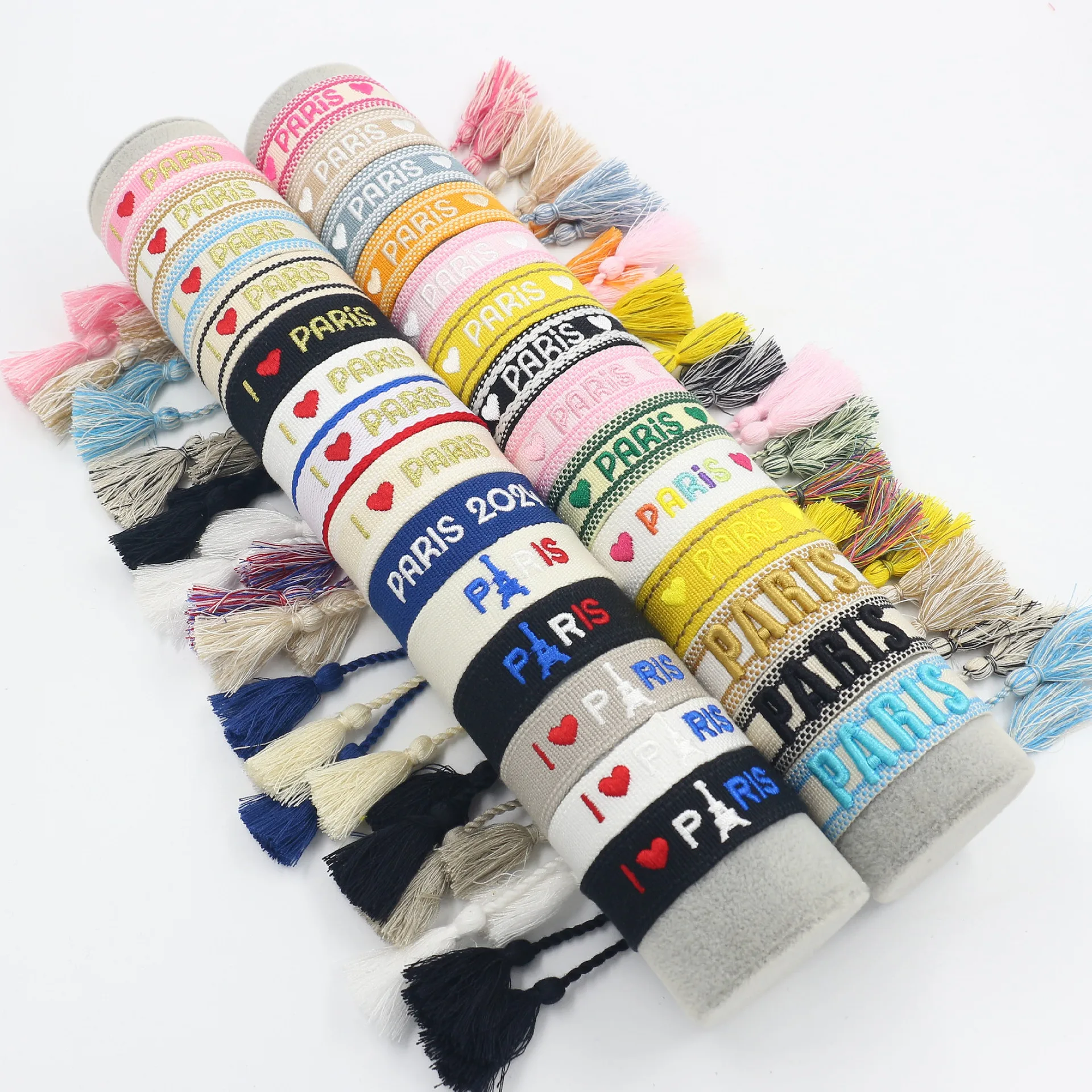 Wholesale Customized Logo Text Fashion Bracelets with Bohemian Ribbon Letter Embroidery and Tassel Weaving for Gift