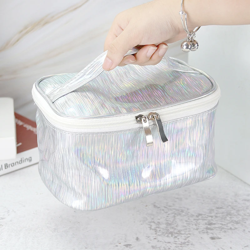 Пользовательский логотип Портативный Макияж сумка серебристый лазер PU дорожные туалетные принадлежности сумка для женщин