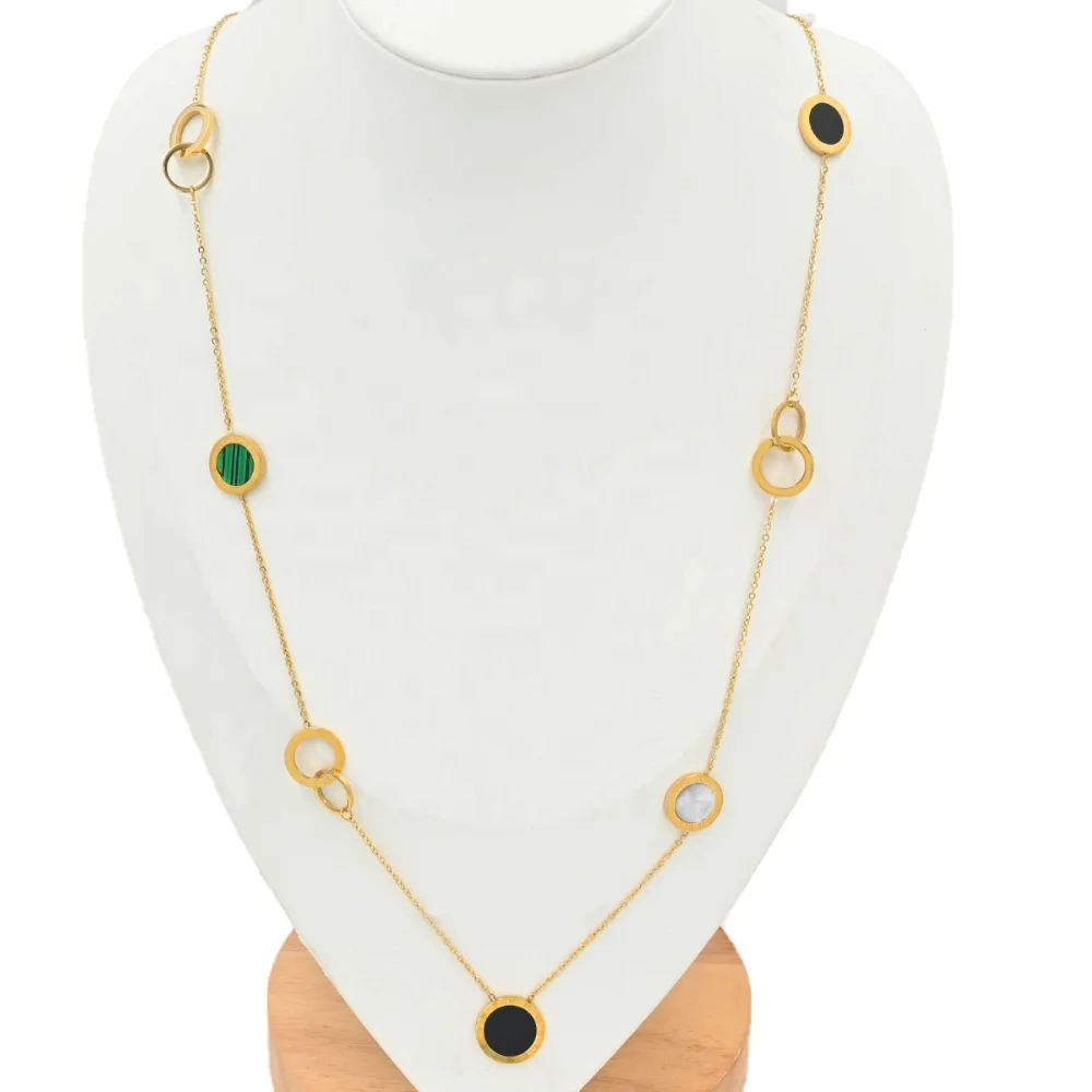 Wholesale Fashion Jewelry 18k Gold Plated Stainless Steel Case Roman Digital Double Circular Charm Long Chain Necklace Women